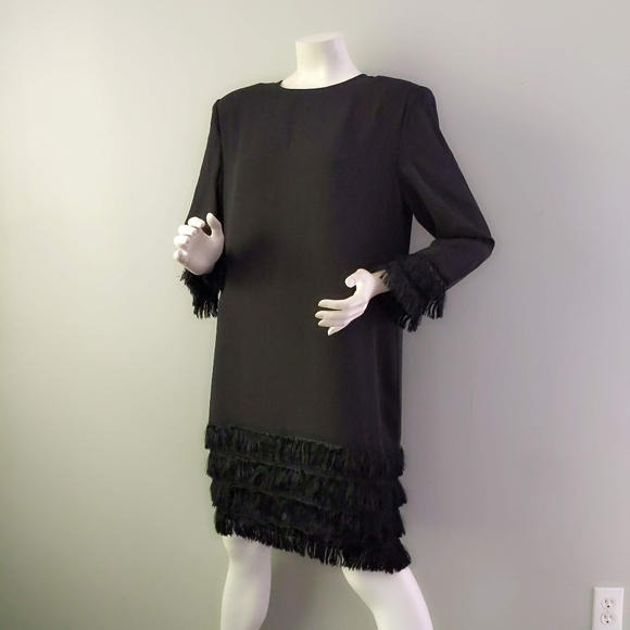 Vintage Dresses & Skirts - Vintage 1990s Fiandaca Couture Black Fringe Ruffle Bottom Shift Dress L